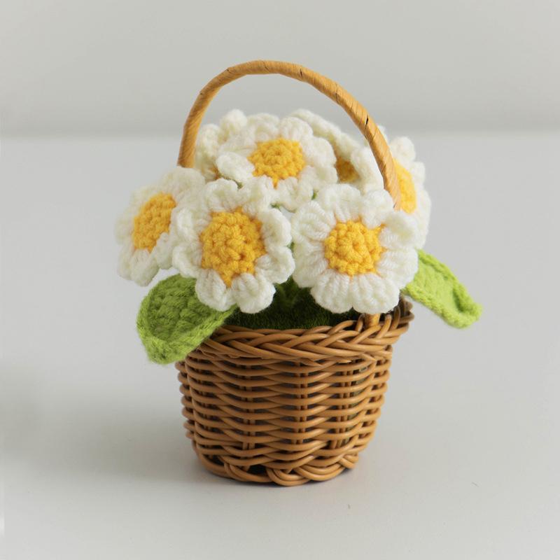 Creative Knitted Sunflowers Pot Artificial Flowers Finished Hand Woven Plant For Office Desktop Decoration Mini Wedding Ornament