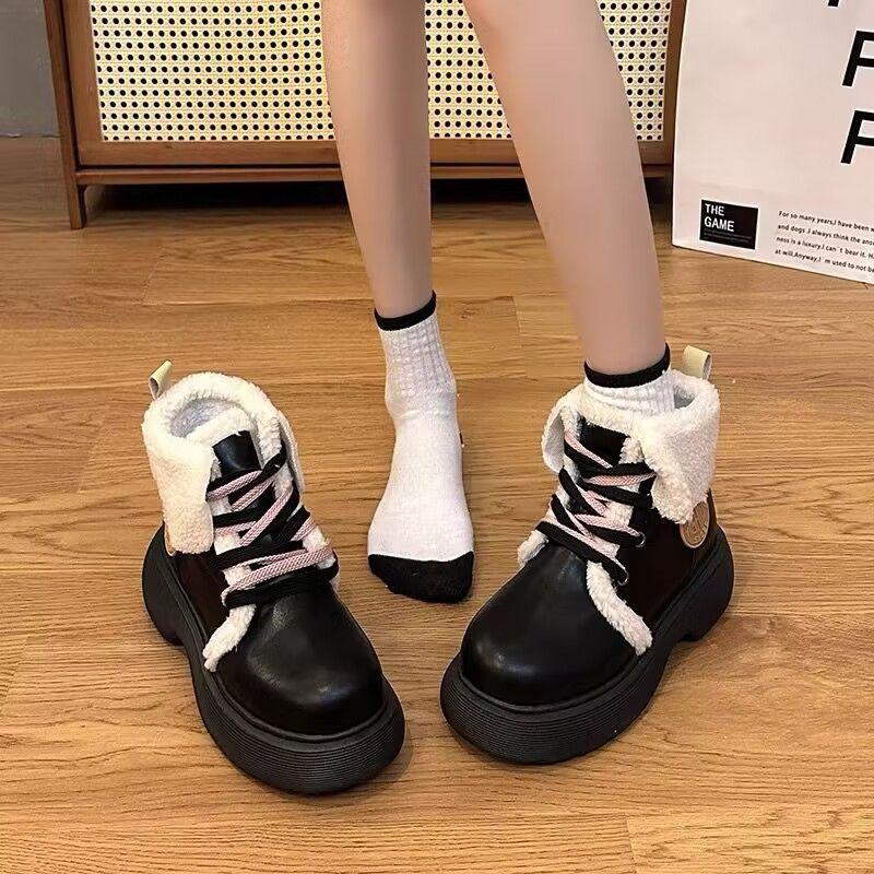 Snow Boots Women's Winter 2025 New College Style Small Leather Shoes Velvet Martin Boots Thick-soled Warm Big Head Ugly Cute Cotton Shoes