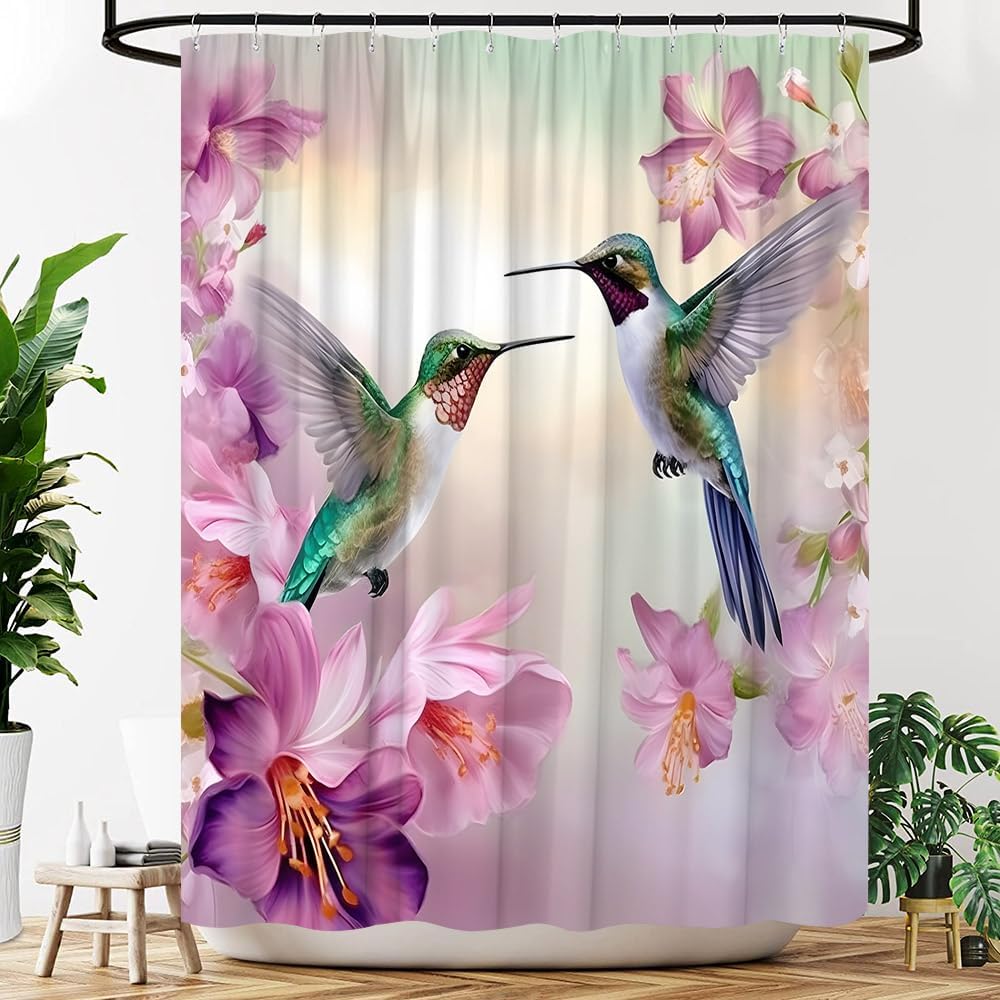 Elegant Hummingbird and Floral Print Shower Curtain for Bathroom Waterproof Polyester Shower Liner Decor Tropical Nature Pink Bl