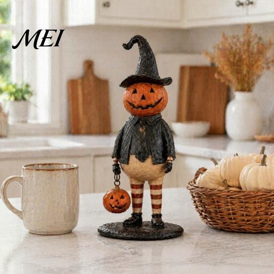 Unique Holiday Gift for Fall Pumpkin Witch Figurine, Spooky Halloween Statue with Lantern, Festive Party Table Centerpiece Vintage Gothic Resin