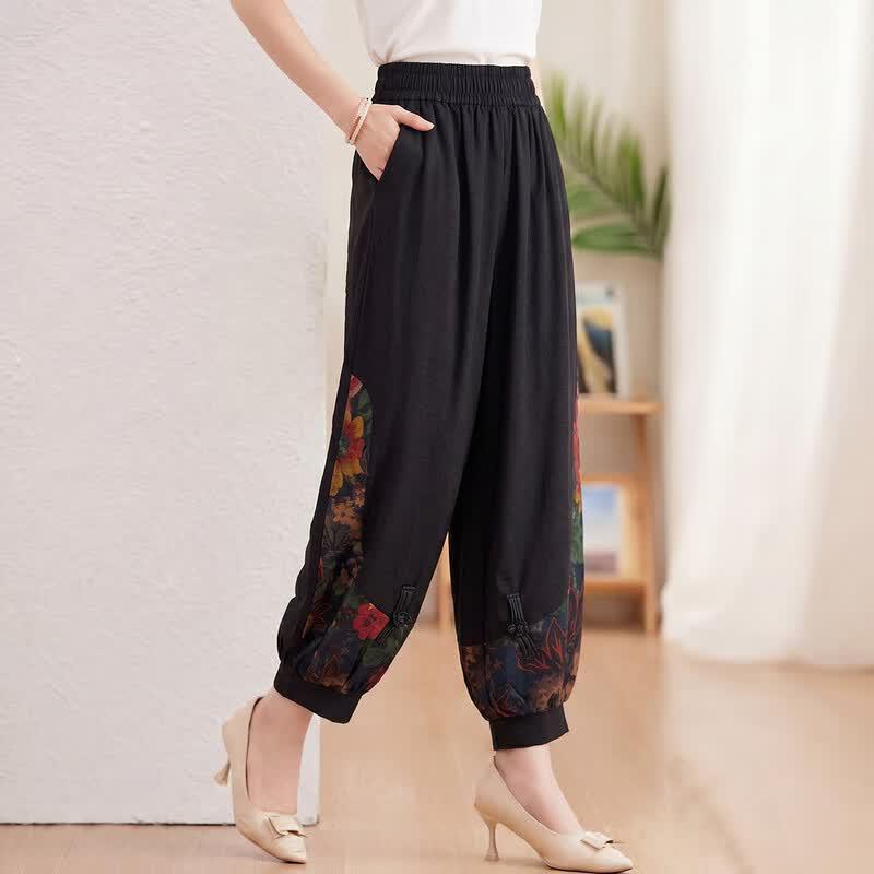 Women's Chinese Style Print Elastic Waist Lantern Pants