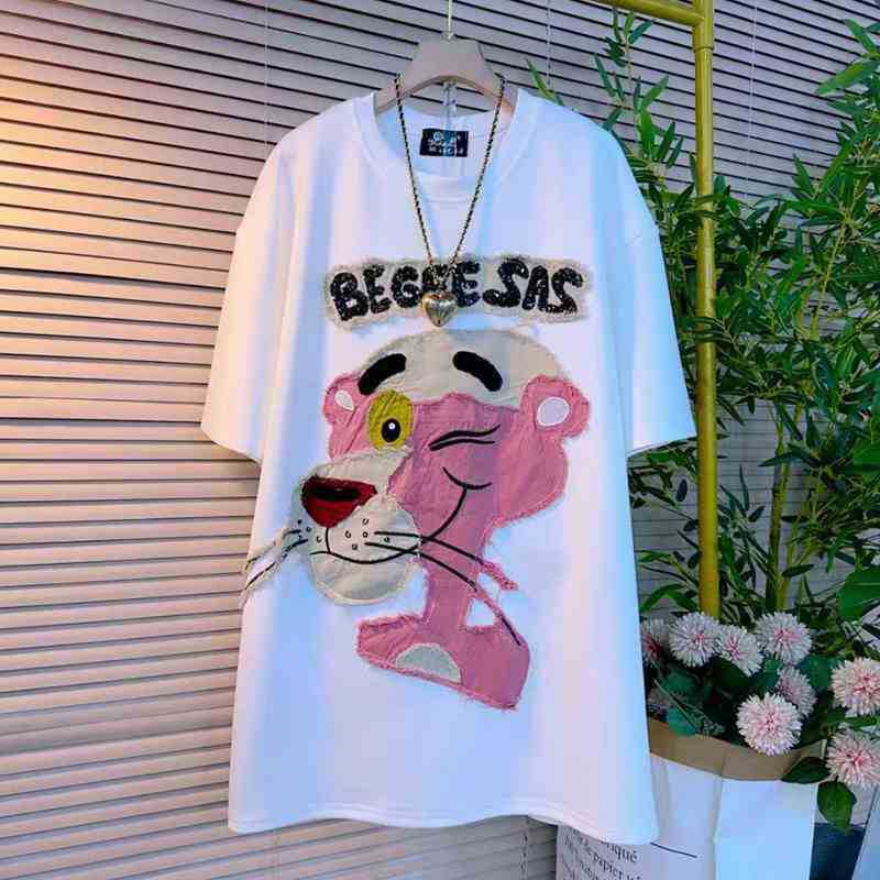 Large size heavy industry cartoon patch short-sleeved t-shirt women's summer new loose and thin meat-covering fashion top tide