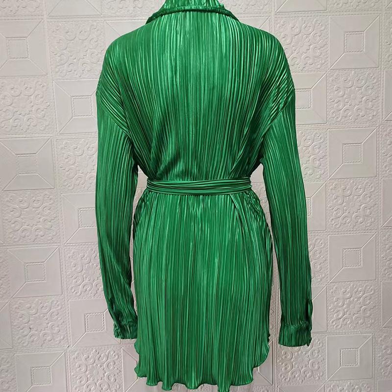Spring and Autumn Women's Shirt Dress Fashion Elastic Waist Pleated Long Sleeve Tie Dress
