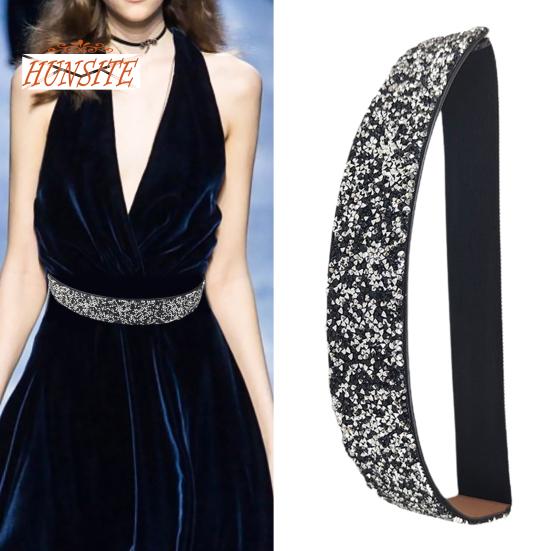 Women Belt Adjustable Elastic Band Shiny Rhinestone Wide Anti-slip Clothes Matching Anti-break Tight Waist Dress Waistband Clothes Accessory