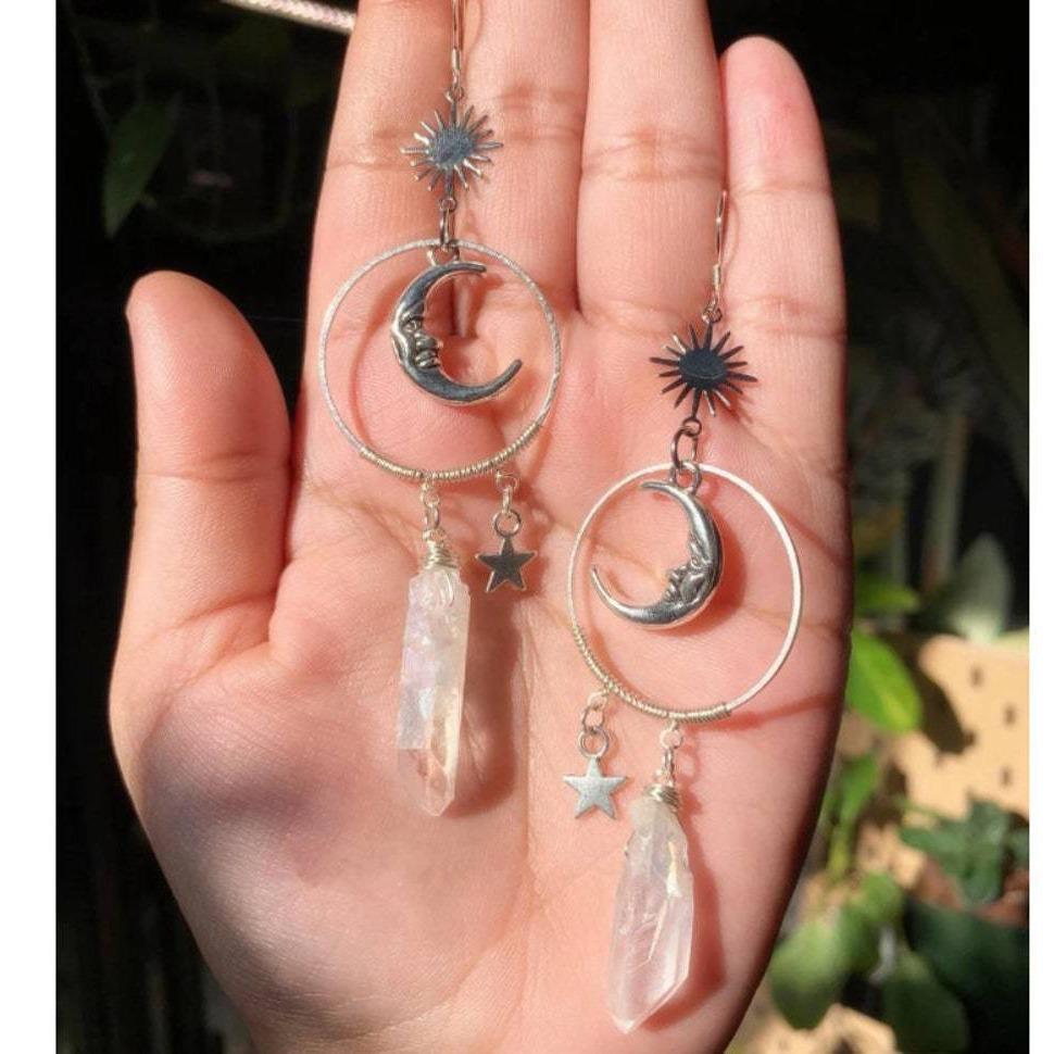 Gothic Silver Star & Moon Irregular White Crystal Pendant Earrings