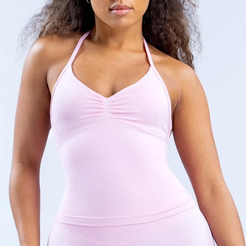 

European Matte Nylon Yoga Tank Top - Women s Halter Neck Camisole with Stylish Back for Running and Fitness Medium рожевий