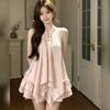 New Chinese-style suit, female summer national style is very good-looking, pink irregular neck top, cake half skirt, a complete set