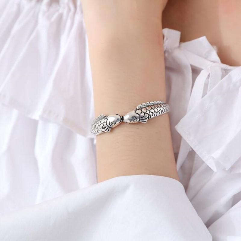 New Exquisite Cute Fish 925 Silver Jewelry Not Allergic Bracelets Pisces Double Fish Ethnic Retro Bangles SL006