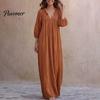 Breathable Women Dresses Bohemian Ruffle V-Neck Long Dress, 3/4 Sleeves Maxi Dress for V Neckline Women, Solid Color Casual Loose Spring Fall