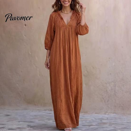 Breathable Women Dresses Bohemian Ruffle V-Neck Long Dress, 3/4 Sleeves Maxi Dress for V Neckline Women, Solid Color Casual Loose Spring Fall
