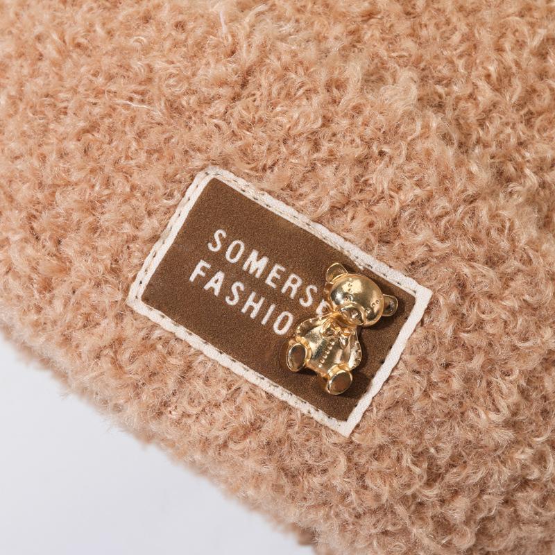 Bear Plush Hat for Women In Autumn and Winter Pullover Cute Hat Plus Velvet Thickened Confinement Period Warm Cold Ear Protection Cold Hat