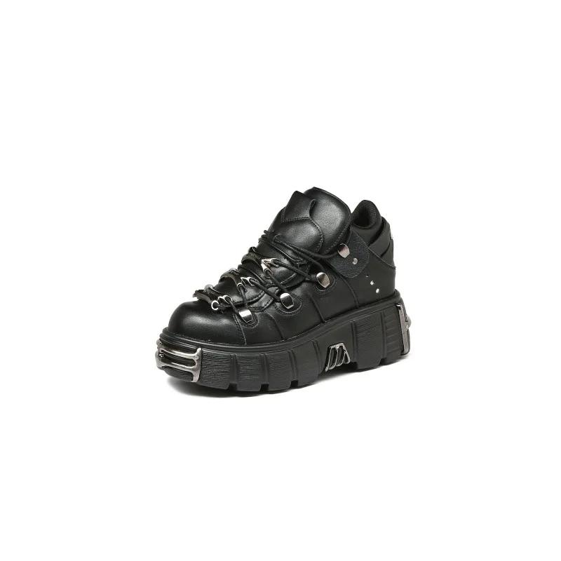 Fashion Spring and Autumn New Women's Shoes Heavy Metal Thick Soles Increase High and Low Punk Small Leather Shoes Black Motorcycle Boot