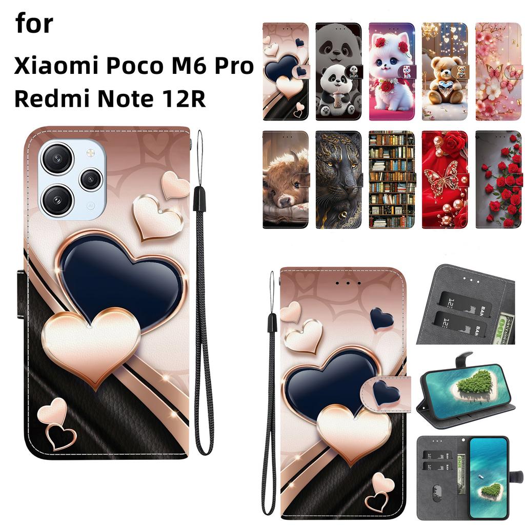 Handgefertigte PU-Leder-Klapphülle für Xiaomi Poco M6 Pro/ Redmi Note 12R Rutschfeste stoßfeste Hülle mit Handschlaufe & Herz/Rose Katzen-Designs
