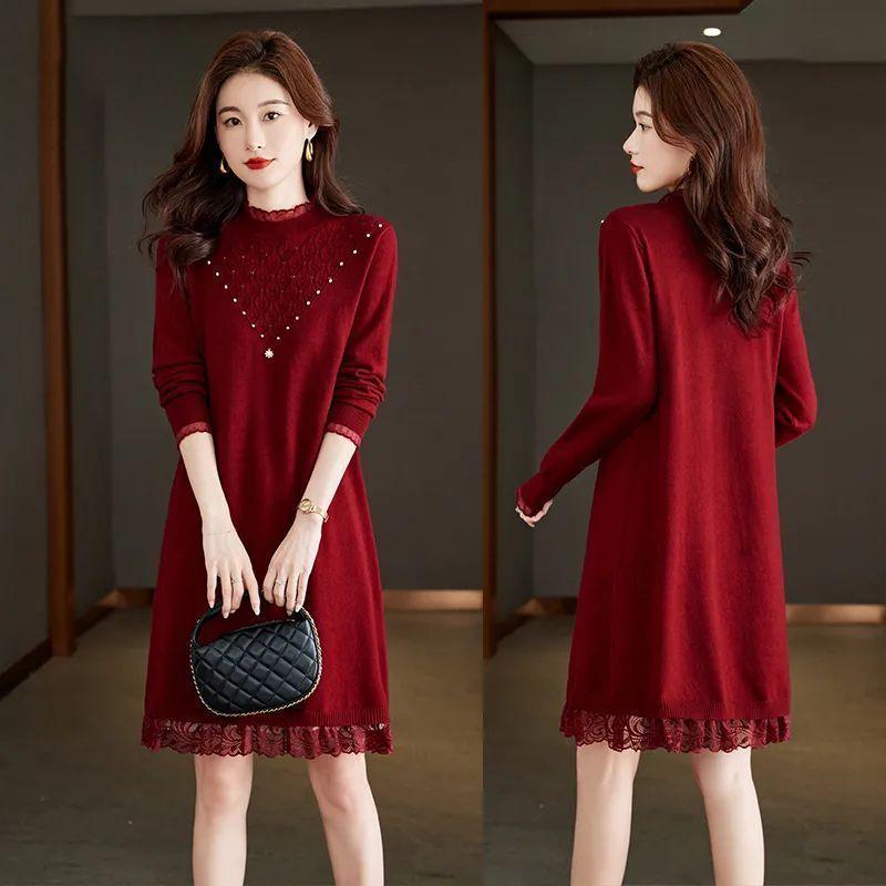 Lace Knitted Dress for Women In Autumn and Winter Large-sized Half Turtleneck Knitted Sweater Loose Mid-length Sweater Dress