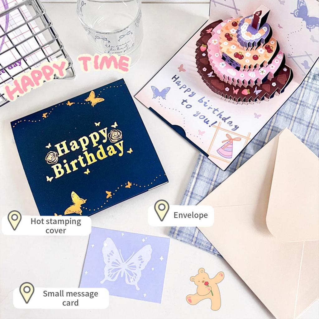 Creative 3D Birthday Card with Popping Up Cake and Butterfly Pattern Light Up Musical Greeting Card Set for Party Gift