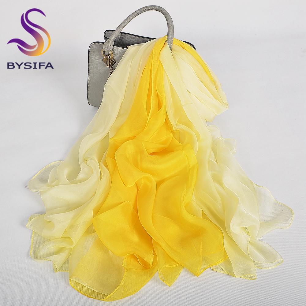 

BYSIFA|Fall Winter 100% Silk Long Scarves Shawls Green Yellow Pink Grey Female Gradient Color Neck Scarf Summer Silk Scarf Cape