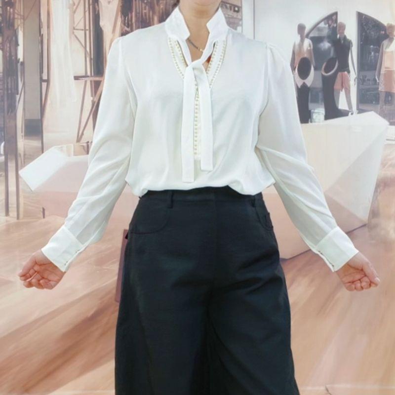 

Trade Original Order Label Cut Women s Clothes Fashion New Arrival Spring and Summer Pure Color Chiffon V Neck Elegant Versatile Long Sleeve Shirt M Shirt