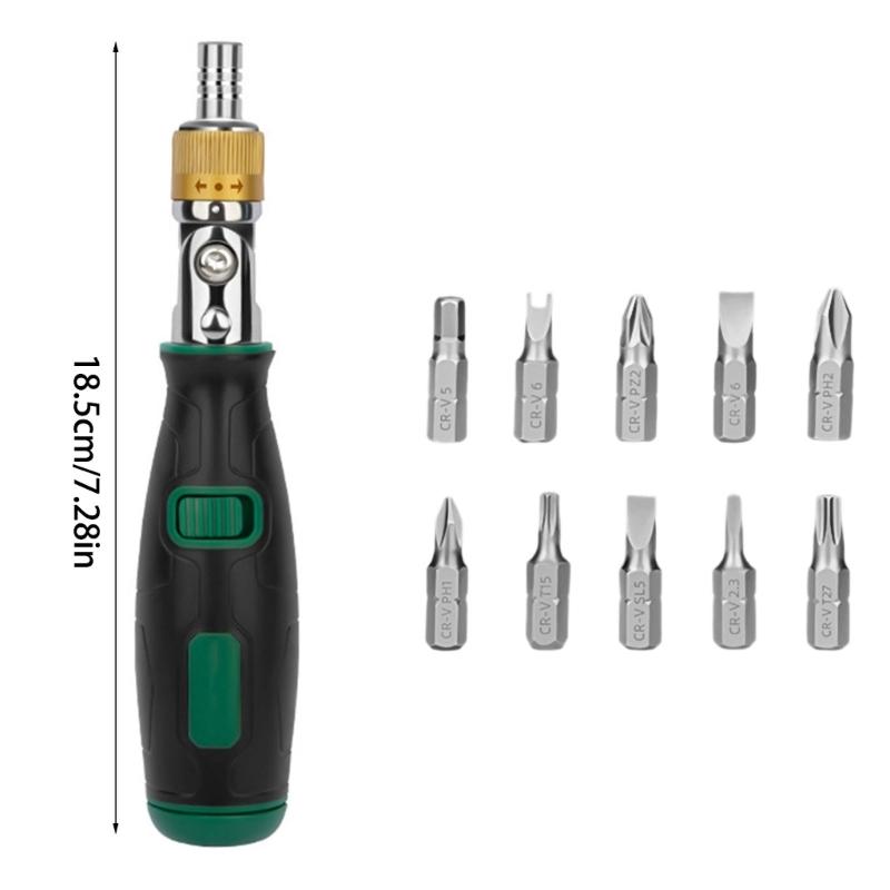 Professional Ratcheting Screwdriver Kit 10 Interchangeable Heads Carbon Steel Construction Ergonomic Grip Design