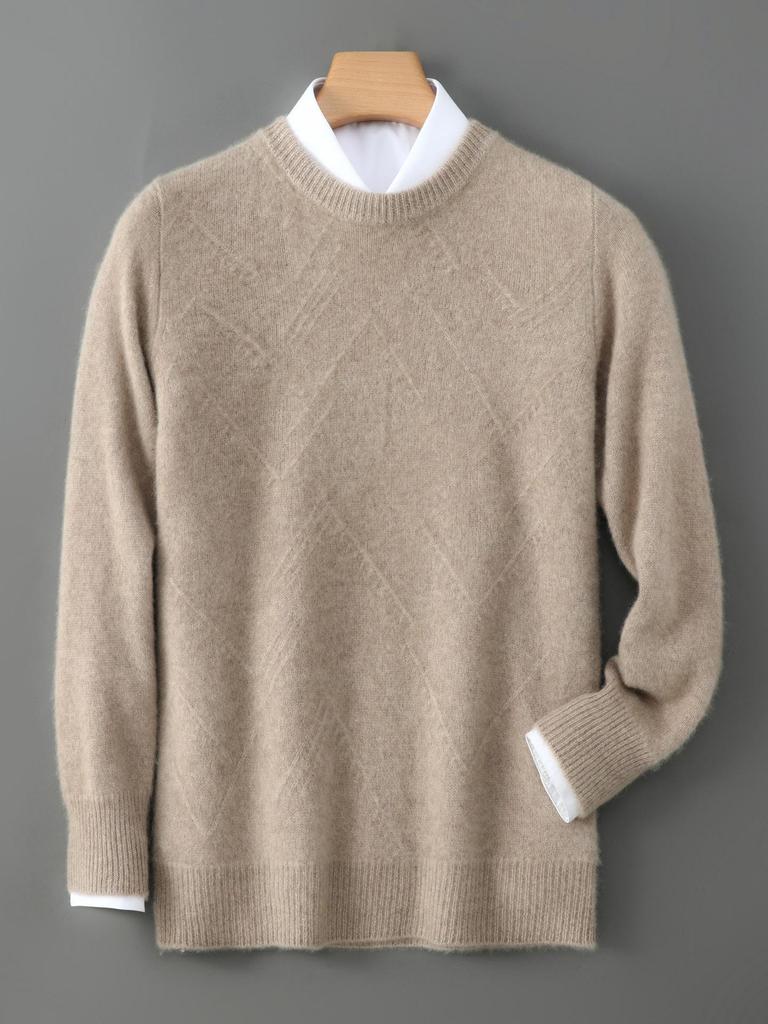 Men's Diamond Jacquard Pure Wool Pullover - Thick, Soft, and Smooth Round Neck Sweater for Autumn/Winter 2025.