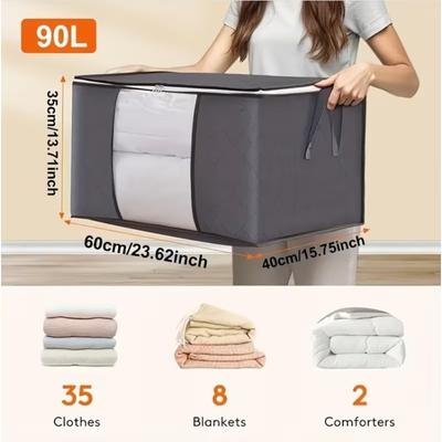 Set of 6 Large Black Storage Bags with Zippers And Lids, Holding 23.78 Gallons,Foldable And Durable Organizers for Bedding,Blank