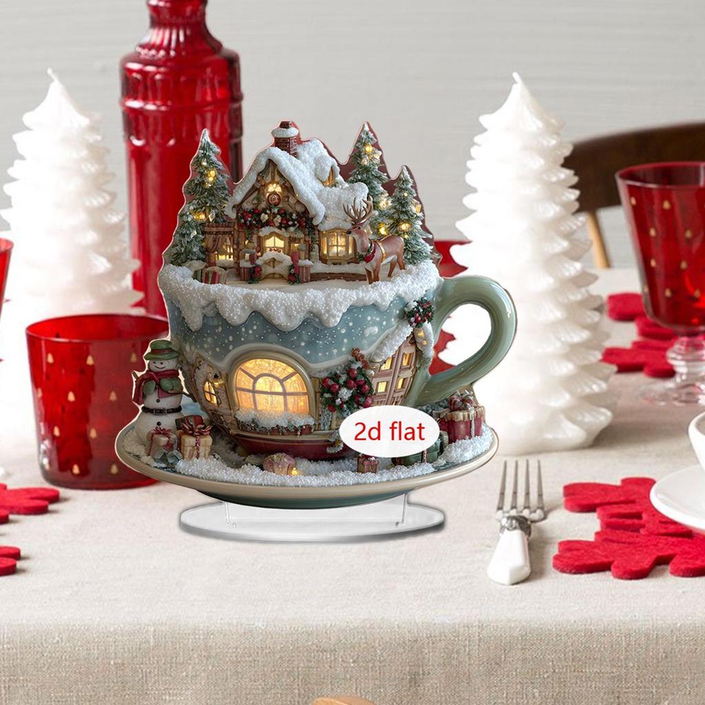 2D Christmas Table Decorations Colorful Christmas Desk Decor Acrylic Castle Pattern Ornament with Stand for Fireplace Restaurant