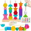 Montessori Wooden Bead Sorting Toy Set Stacking Blocks Bead Strings and Matching Shape Stackers Suitable for 3-Year-old