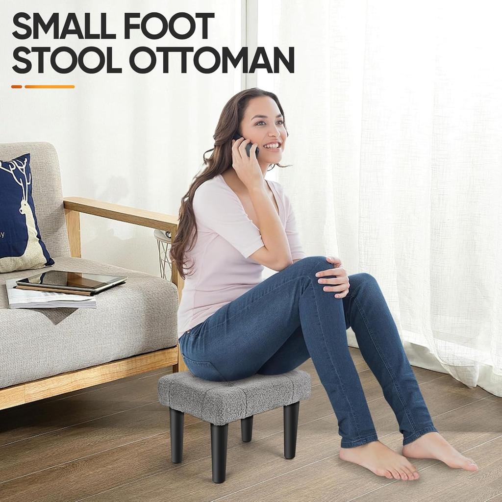 Small Ottoman Foot Rest with Legs, Teddy Velvet Foot Stool for Office, Living Room, Dorm, Bedroom | Grey