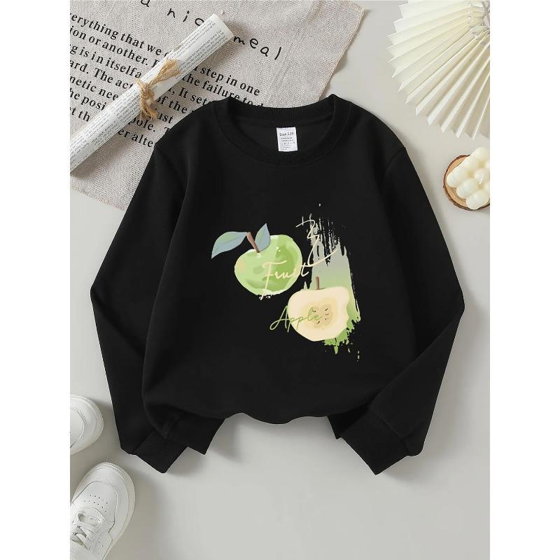 European sizes Kids' Round-Neck Hoodie | Fruit Apple Green Splash Design, Sportswear and Casual Wear, Soft and Comfortable, Easy to Care For
