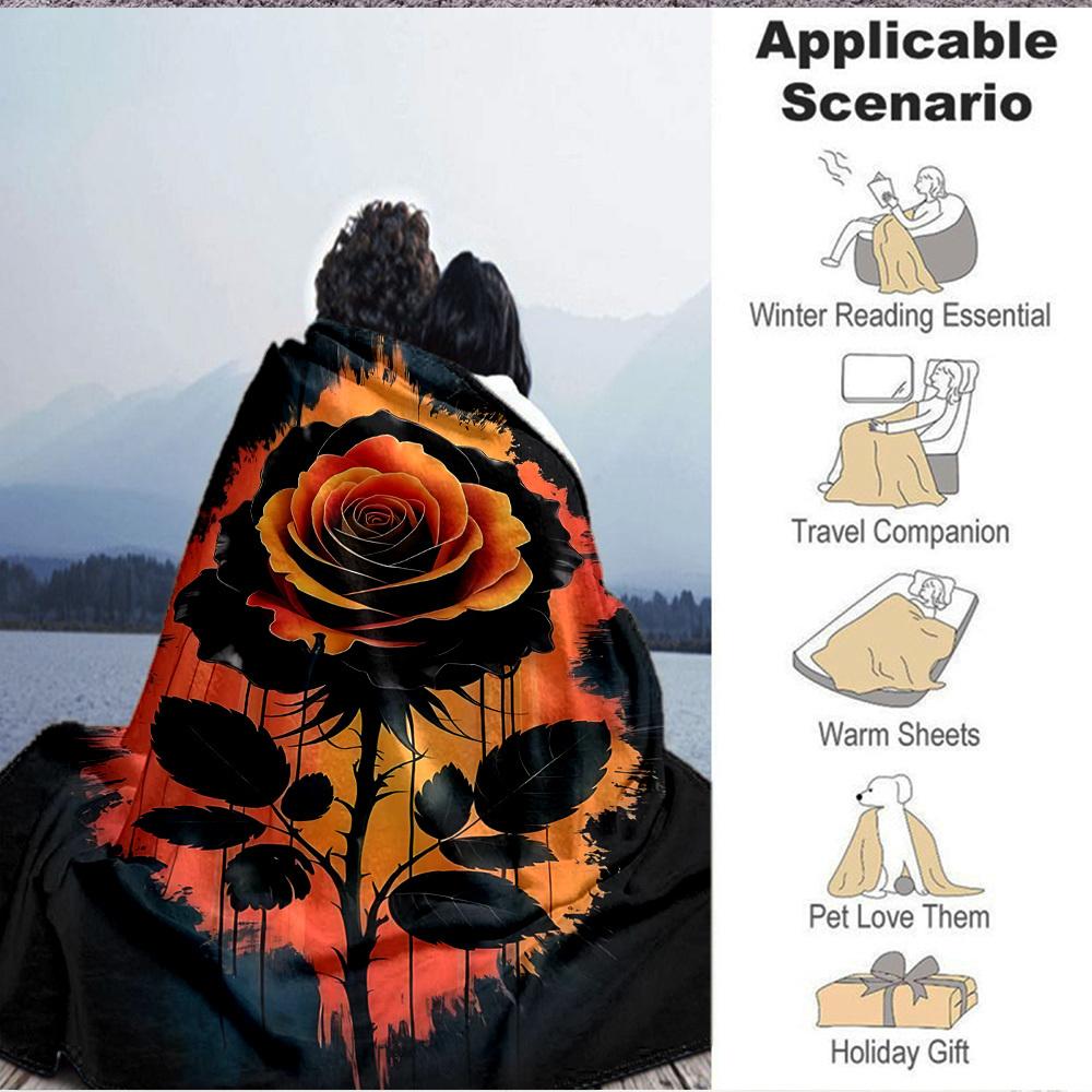 1pc Black Rose Print Blanket   Lightweight Flannel Throw Blanket For Sofa, Bed, Living Room, Office, Outdoor Travel, Camping