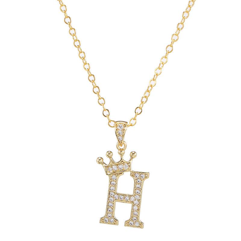 Fashion Cubic Zirconia Crown Letter Pendant Necklace Gold Hip Hop Punk Alphabet Jewelry