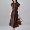 Minimalist printed round neck short sleeved dress for 2026 summer fashion, versatile and slimming, mid length lace up skirt