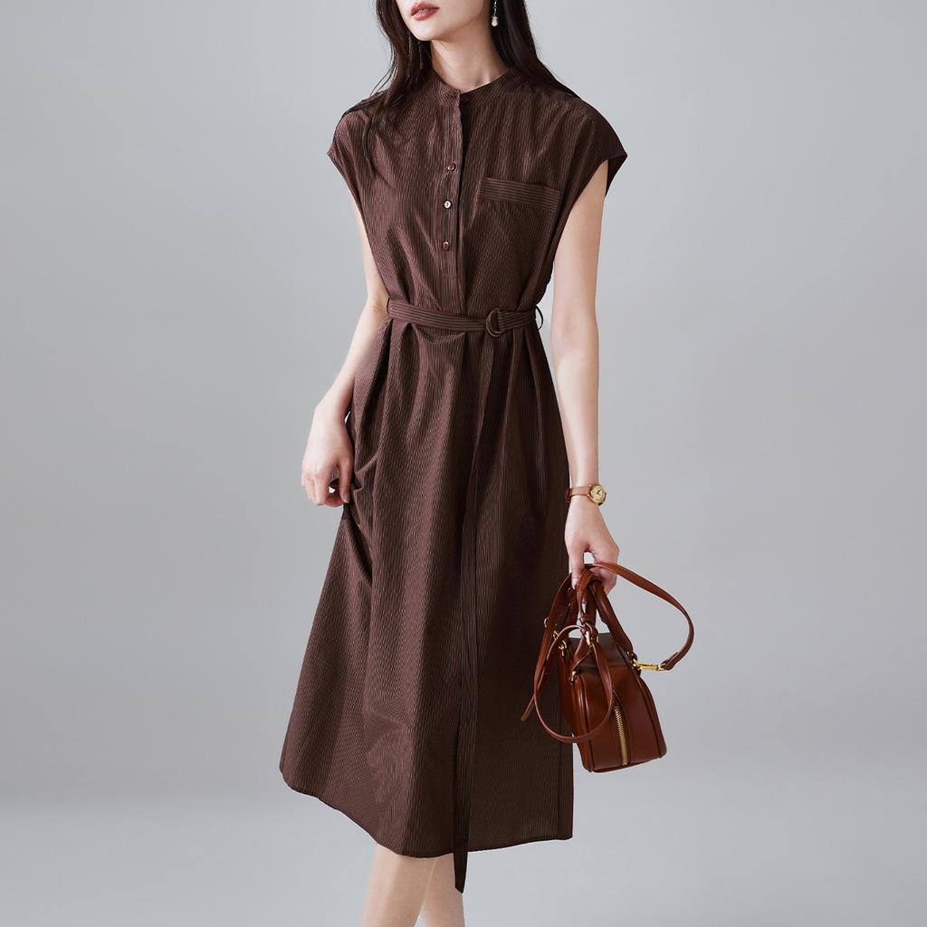Minimalist printed round neck short sleeved dress for 2026 summer fashion, versatile and slimming, mid length lace up skirt