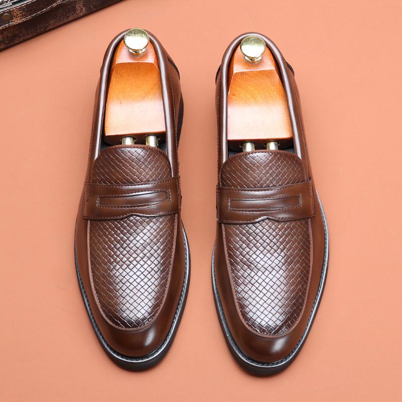Britain Penny Loafter New Men's Pointed Woven Pattern Patent Leather Casual Dress Homecoming Shoes Male Formal Wedding Footwear
