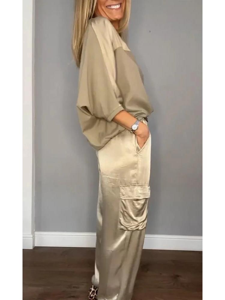 2024 European & American Women's Satin Half-Sleeve Top and Pants Two-Piece Set