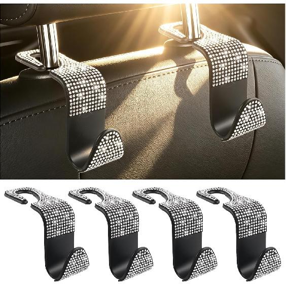 4 Pack Bling Headrest Hooks for Car with Rhinestone,Stylish Purse Hook for Cars Storage and Decorations,Universal Premium Car Hooks Cars Accessories