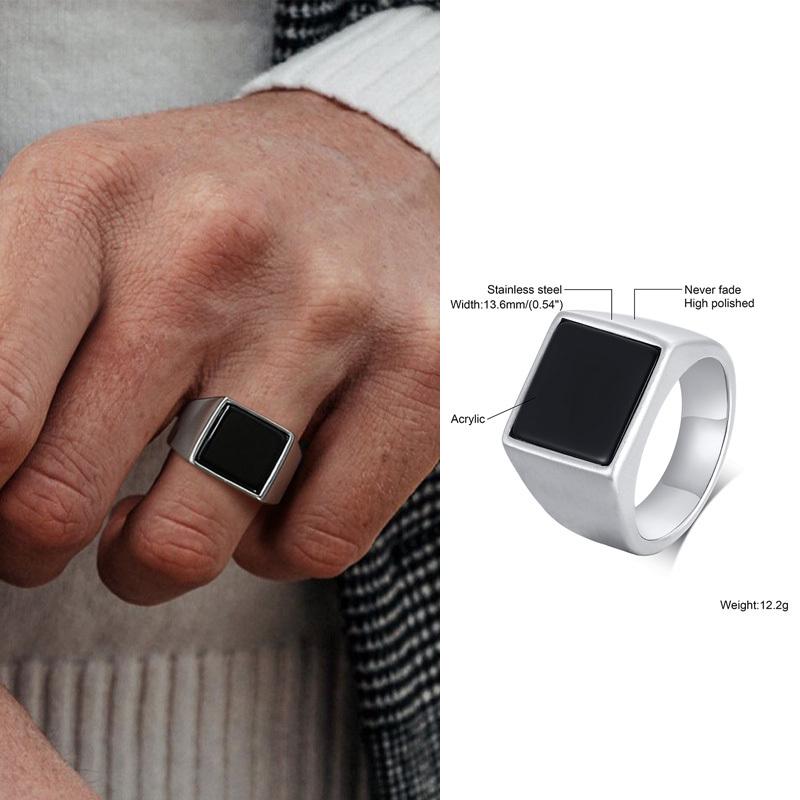 Punk Vintage Ethnic Rings for Men Retro Viking Knot Rune Finger Band, Black Geometric Square Stone Signet Ring Jewelry