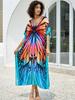 EDOLYNSA Boho Butterfly Print V-neck Plus Size Kaftan Women Vacation Beach Dress 2025 Summer Swimwear Cover Up Loose Cozy Homewear Q1674