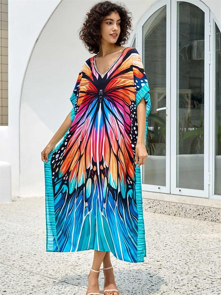 EDOLYNSA Boho Butterfly Print V-neck Plus Size Kaftan Women Vacation Beach Dress 2025 Summer Swimwear Cover Up Loose Cozy Homewear Q1674