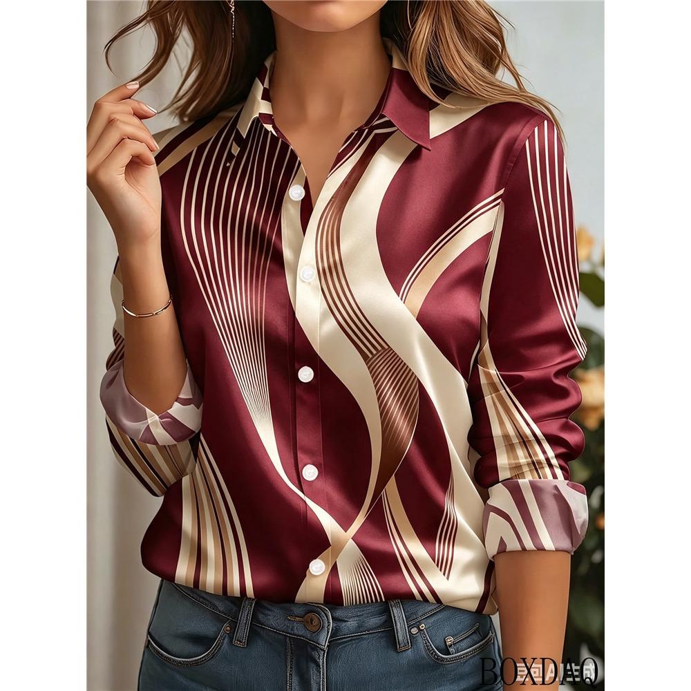New Autumn Women's Fashionable Daily Blouses Long Sleeved Lapel Button Striped Abstract Pattern Printed Casual Loose Shirt