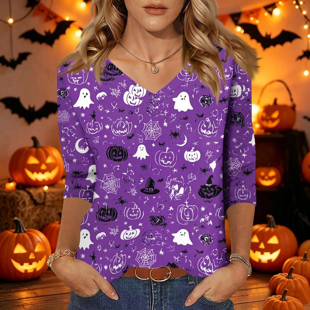 Damen Halloween Print V-Ausschnitt 3/4 Ärmel Lässiges Oberteil Leichter Weicher Stoff Lockere Passform Pulloverhemd für Saisonale Kleidung