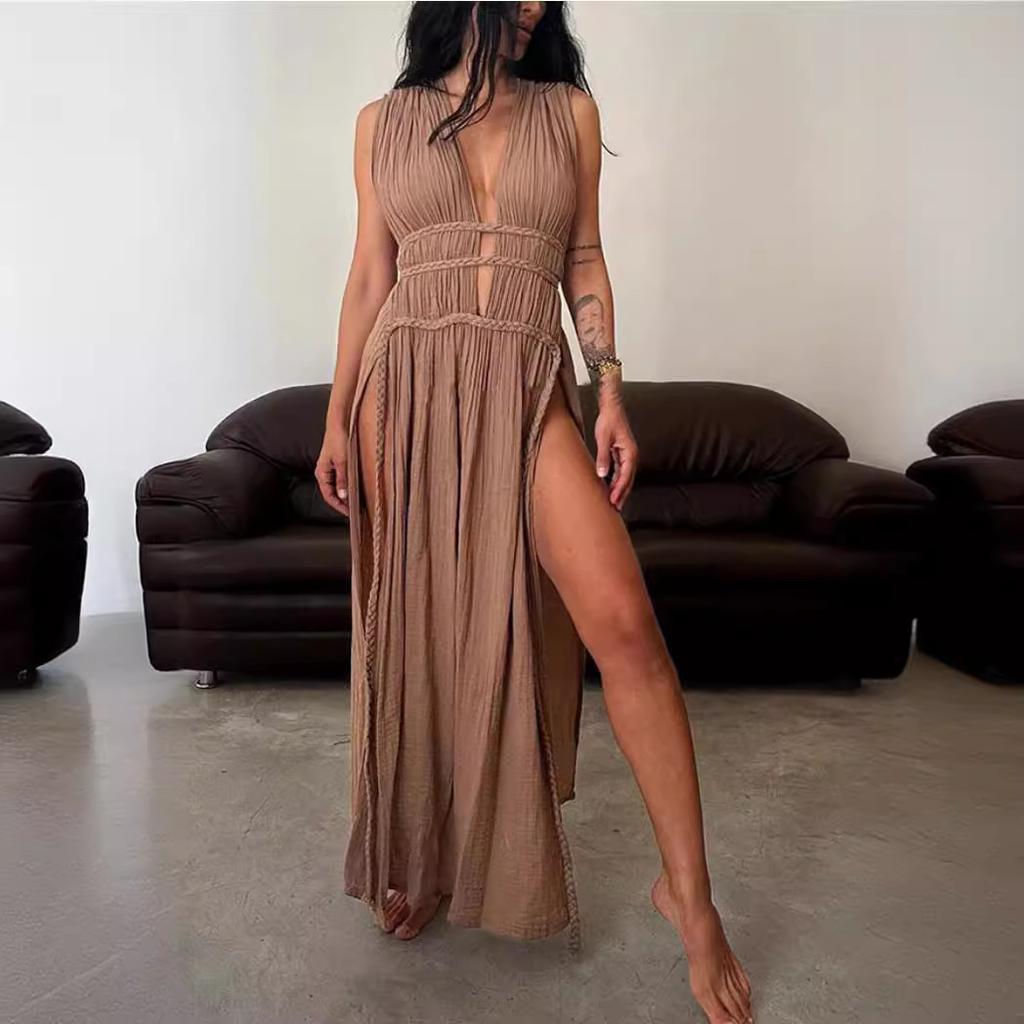 Bohemian Linen Blend Sleeveless Braid Belt Hollow Slit Dress