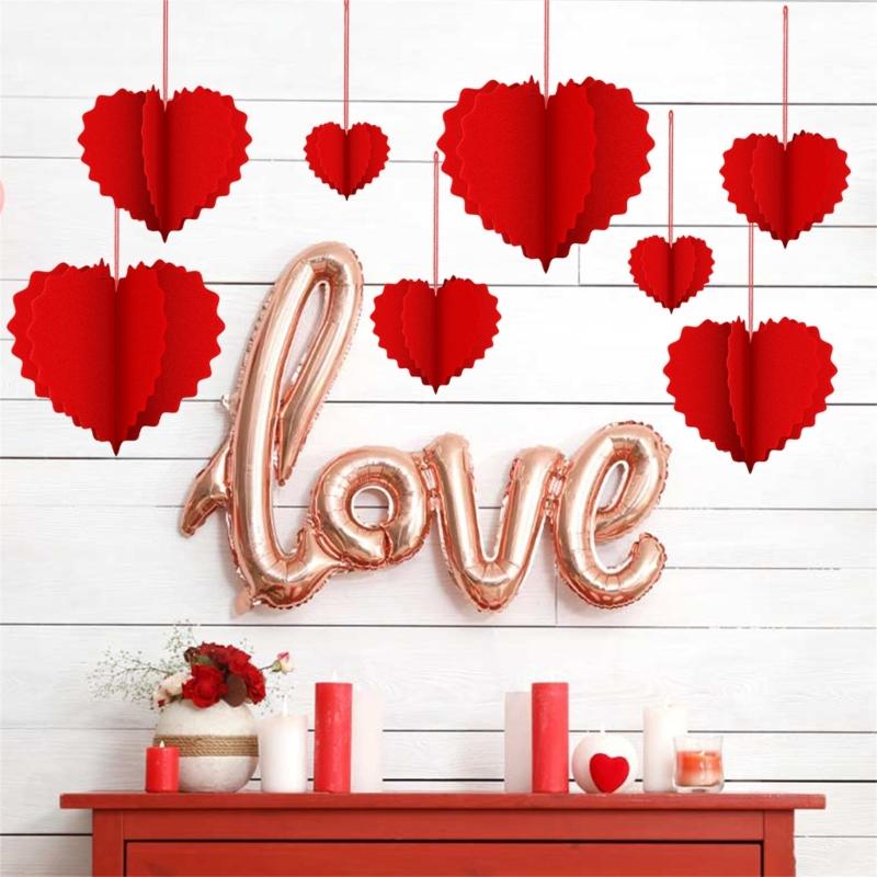 8Pcs Valentine's Day Heart Decoration Foldable Paper Heart Shape Ornament Easy Assembly for Wedding Party Decoration