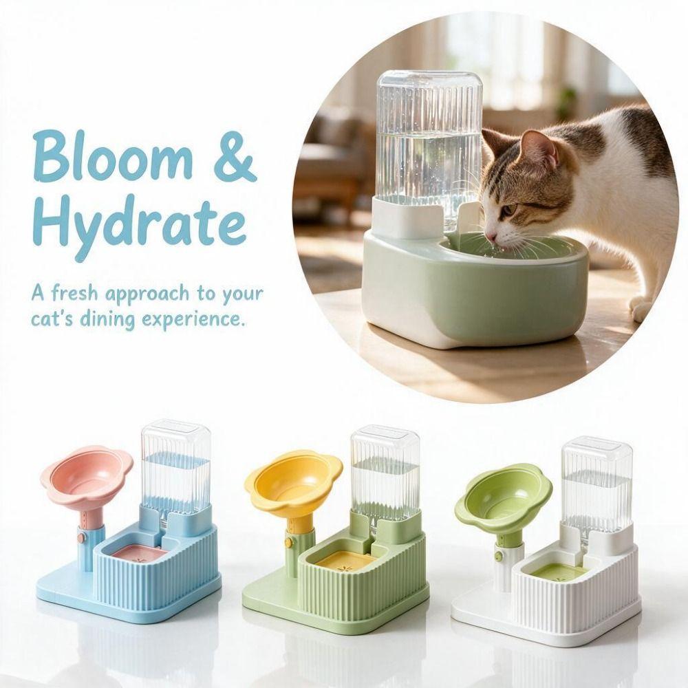 2-in-1 Pet Bowl Adjustable Height Automatic Water Dispenser Cat Water Food Bowl Cat Feeding