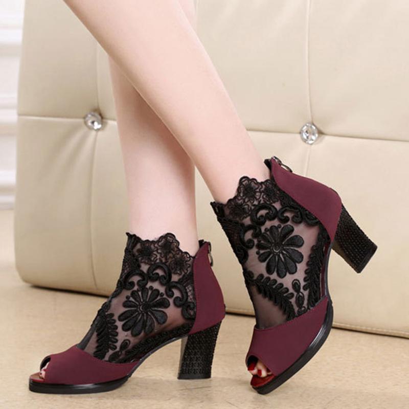 Fashion Sexy Women's High Heels Shoes Fashion Black Women Boots Lace Peep Toe Sandals Mesh Breathable Platform Shoes Female Plus Size 43