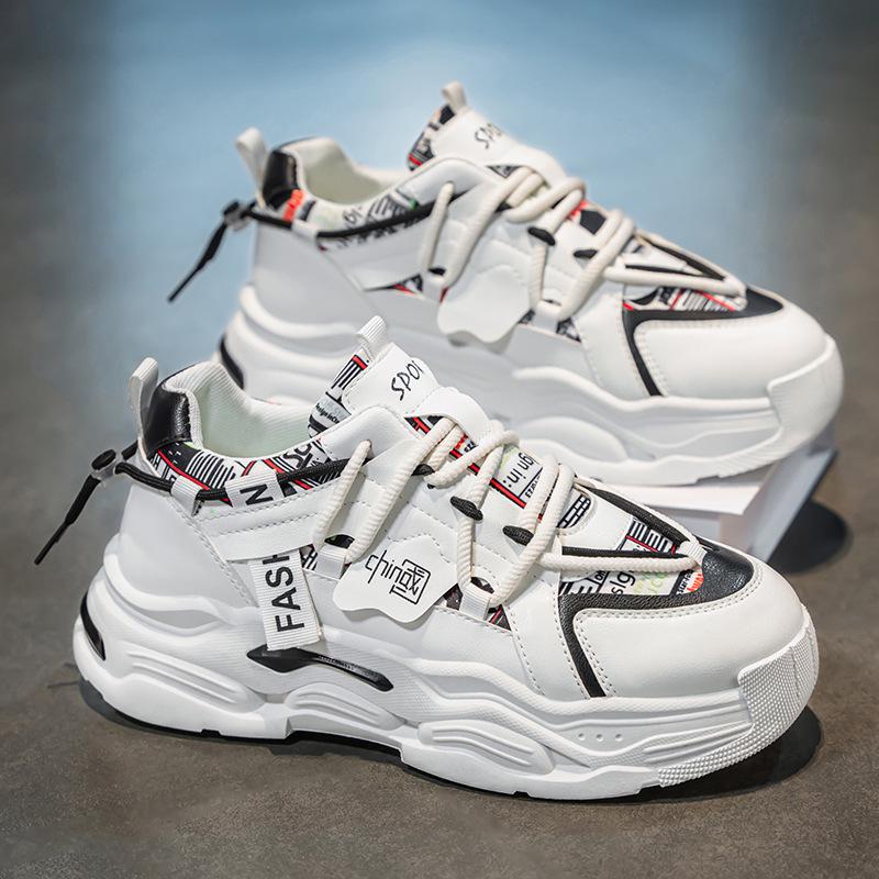 Men's Spring 2025 White Breathable Sneakers: Trendy, Versatile, Thick-Soled Casual Shoes