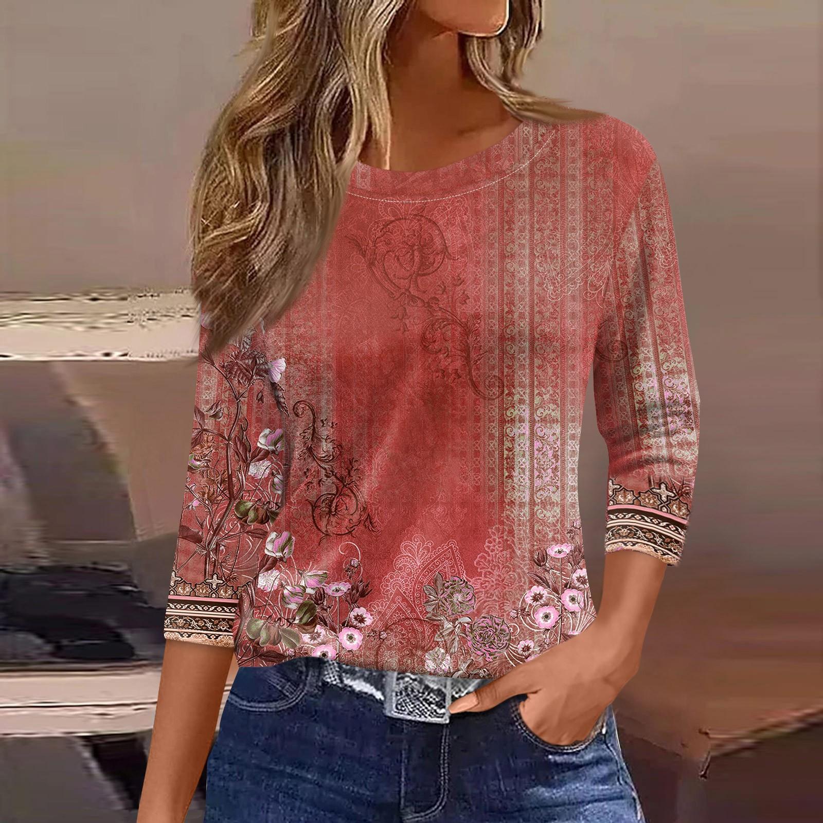 

Женские топы с рукавами 3/4, цветочный принт, винтажная мода, повседневные свободные рубашки с круглым вырезом больших размеров L красный