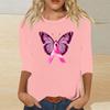 Women's Breast Casual Top with 3/4 Sleeves Round Neck Loose Fit Printed Ribbon Heart Butterfly Pattern for Daily Wear