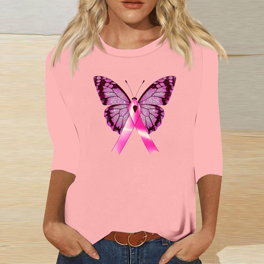 Women's Breast Casual Top with 3/4 Sleeves Round Neck Loose Fit Printed Ribbon Heart Butterfly Pattern for Daily Wear
