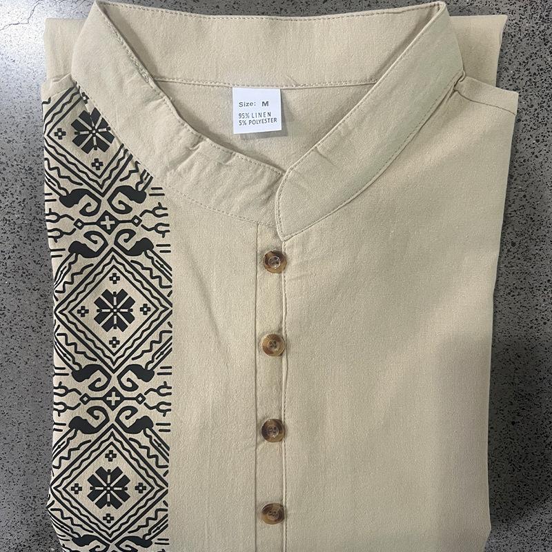 Men Linen Blend Long Sleeve Shirt, Mandarin Collar Ethnic Geometric Print Half Button Henley Shirts Casual Beach Bohemian Tops For Men Multiple Colors