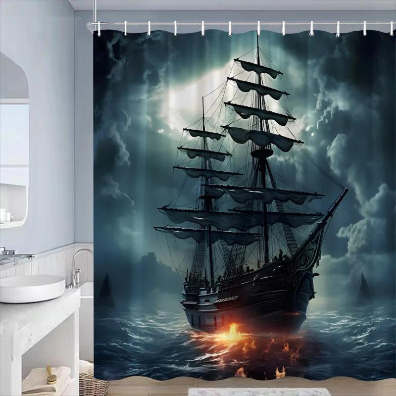 

Sea Waves Sailboat Shower Curtains Night Lightning Ocean Nature Landscape Bathroom Curtain Decorative Polyester Cloth With Hooks W60H190(CM)-1 Pcs